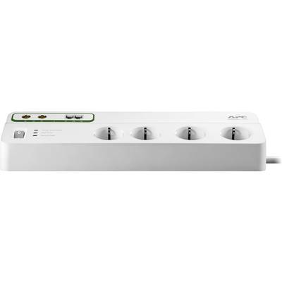 Multi-socket extension with surge protection, four plug sockets and two network connections. Marked with 'APC' logo. White design.