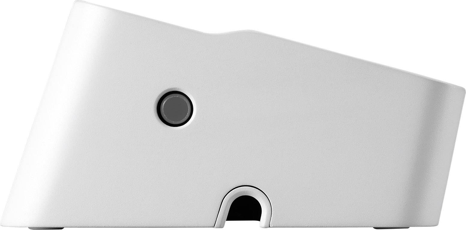 A white, side-angled bracket with a round button on the side. Suitable for electronic devices such as smartphones or tablets.