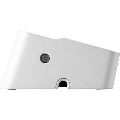 A white, side-angled bracket with a round button on the side. Suitable for electronic devices such as smartphones or tablets.