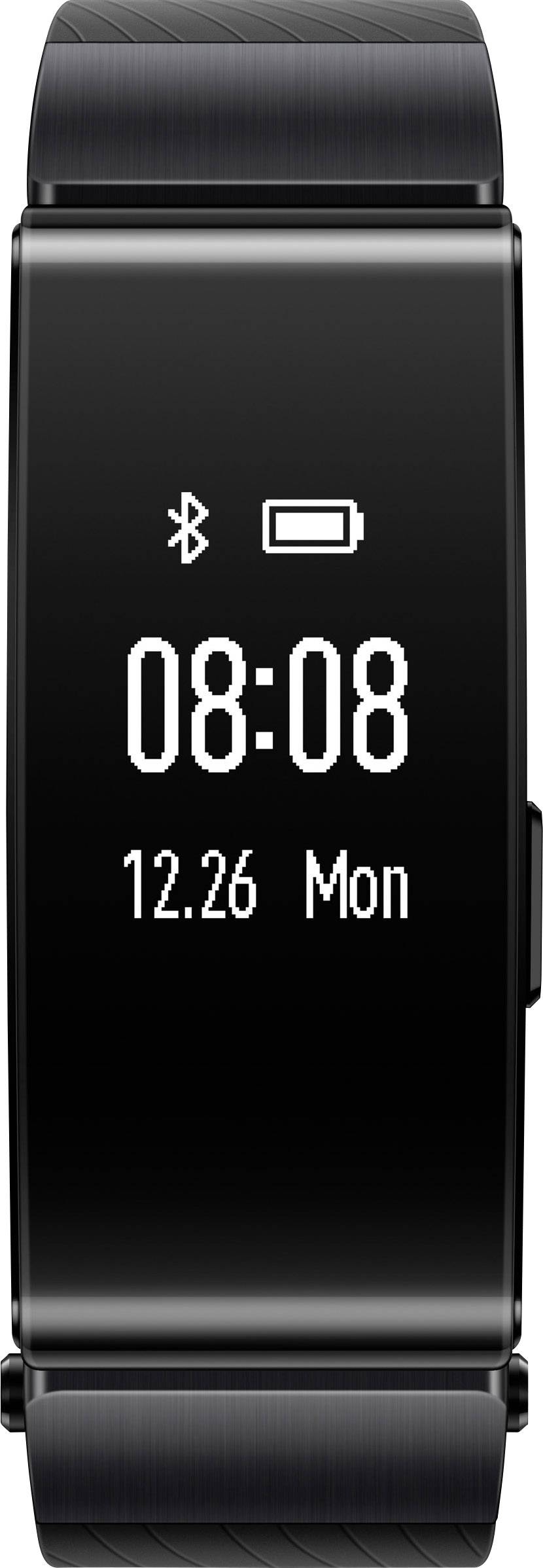 A black fitness wristband with a digital display shows '08:08', date '12.26' and day of the week 'Mon'. At the top are Bluetooth and battery icons.