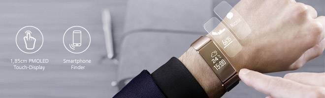 A person is wearing a smartwatch with a 1.85 cm PMOLED touch display, showing the weather and time. Functions: Smartphone finder.