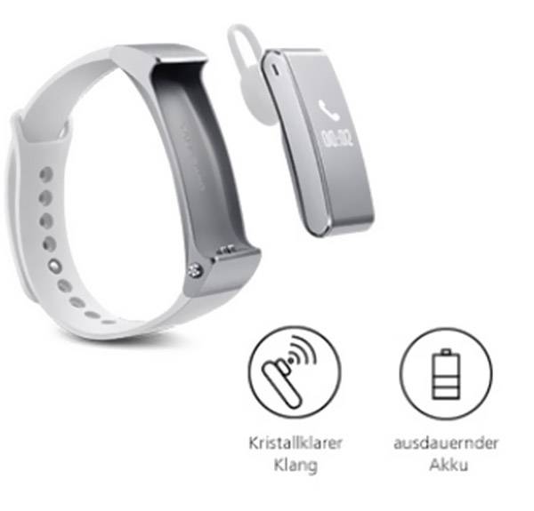 A silver, modular bracelet with a detachable earphone. Text: 'Crystal-clear sound', symbols for call and battery functions.