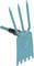 Blue garden tool attachment with a trident and a spade with a serrated edge, used for gardening and soil cultivation.