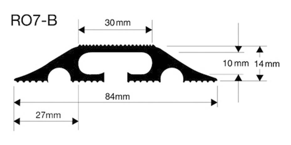 'R07-B' Tooth Profile: Width 84 mm, Height 14 mm, Base 30 mm, Tooth Spacing 27 mm, Tooth Depth 10 mm; Dimensions marked laterally.