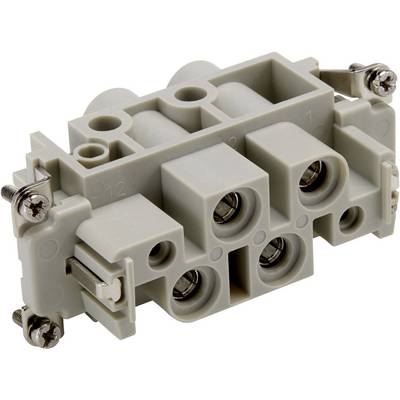 Grey electrical connector with multiple terminal clamps and screws for fastening.