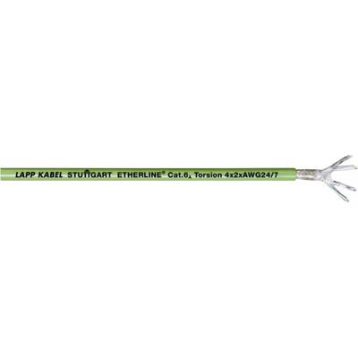 A green Ethernet cable by LAPP KABEL STUTTGART with the marking 'ETHERLINE Cat.6, Torsion 4x2xAWG24/7', exposed wires on the right.