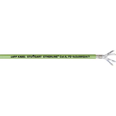 Green Ethernet cable with the inscription 'LAPP KABEL STUTTGART ETHERLINE® Cat.6, FD 4x2xAWG24/7', showing cable ends with exposed conductors.