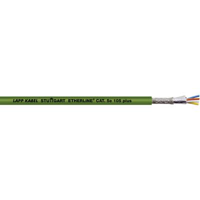A green Ethernet cable, labelled 'Lapp Kabel Stuttgart Etherline Cat.6a 105 plus', shows exposed colourful wire cores.