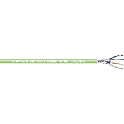 Green Ethernet cable with label 'LAPP KABEL STUTTGART ETHERLINE PN CAT.6A Y Flex', with exposed colourful wires at one end.