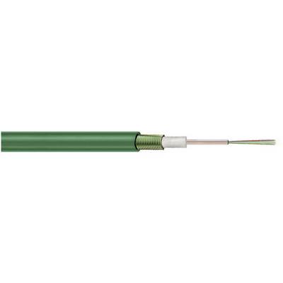 A green fibre optic cable with multiple optical fibres in cross-section. It shows the protective layers and inner fibres.
