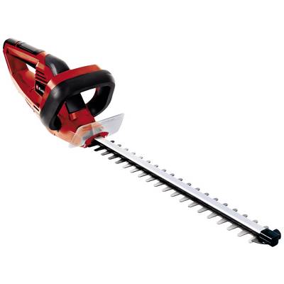 Red electric hedge trimmer with black handle, suitable for cutting hedges in the garden.<br><br>Note: The translation is already in British English, so no significant changes were needed. The translation maintains the original meaning, terminology, and style.