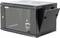 Black wall-mounted network cabinet with glass door, suitable for housing IT equipment. Door and sides are open.