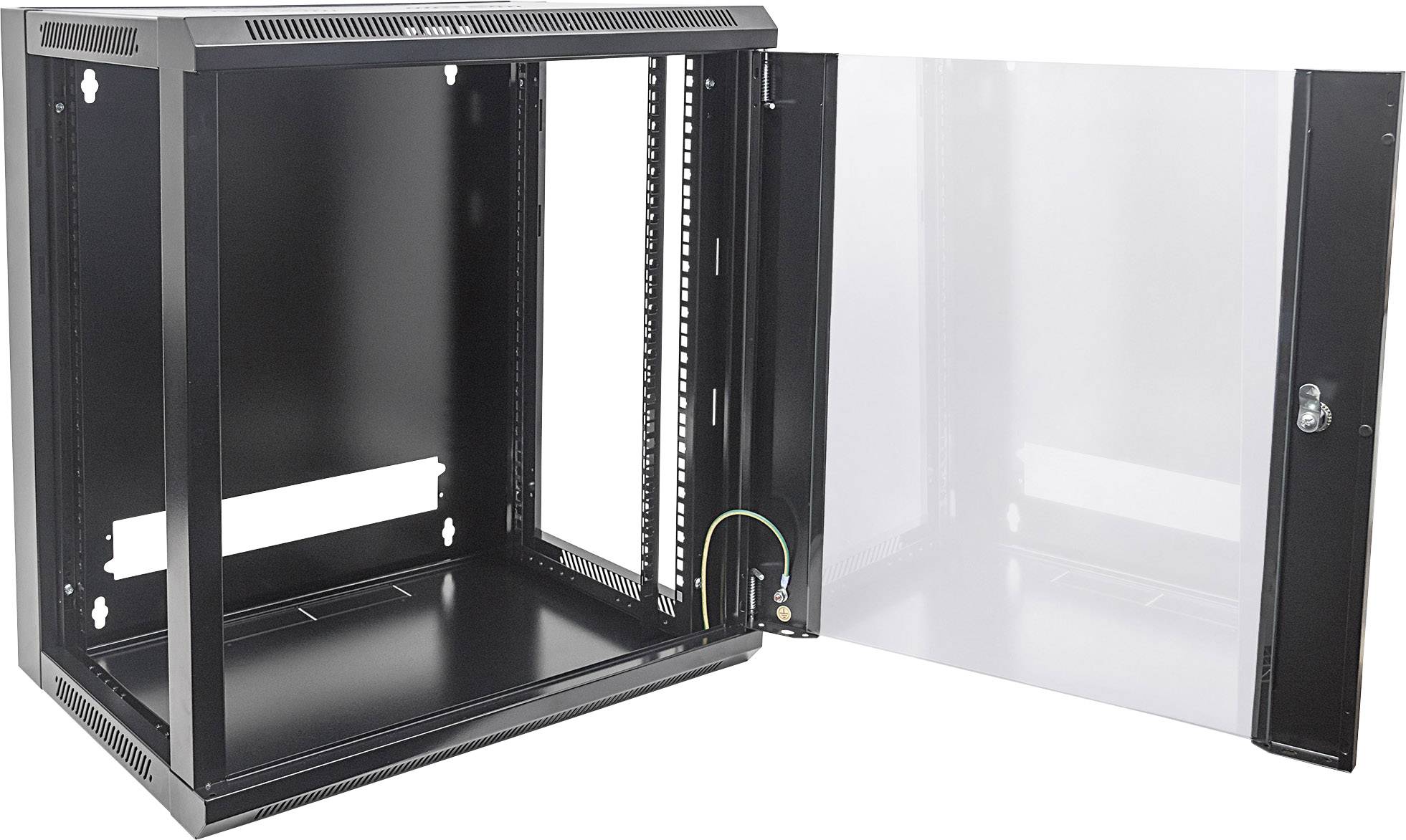 A blank, black network rack enclosure with an open, removable front panel, suitable for mounting IT or telecommunications equipment.