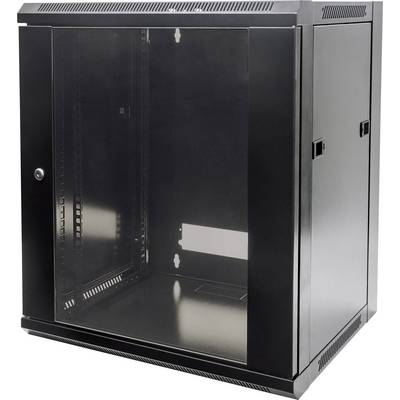 A black server rack enclosure with a glass door, wall-mounted. It is empty and ready for the installation of network components.