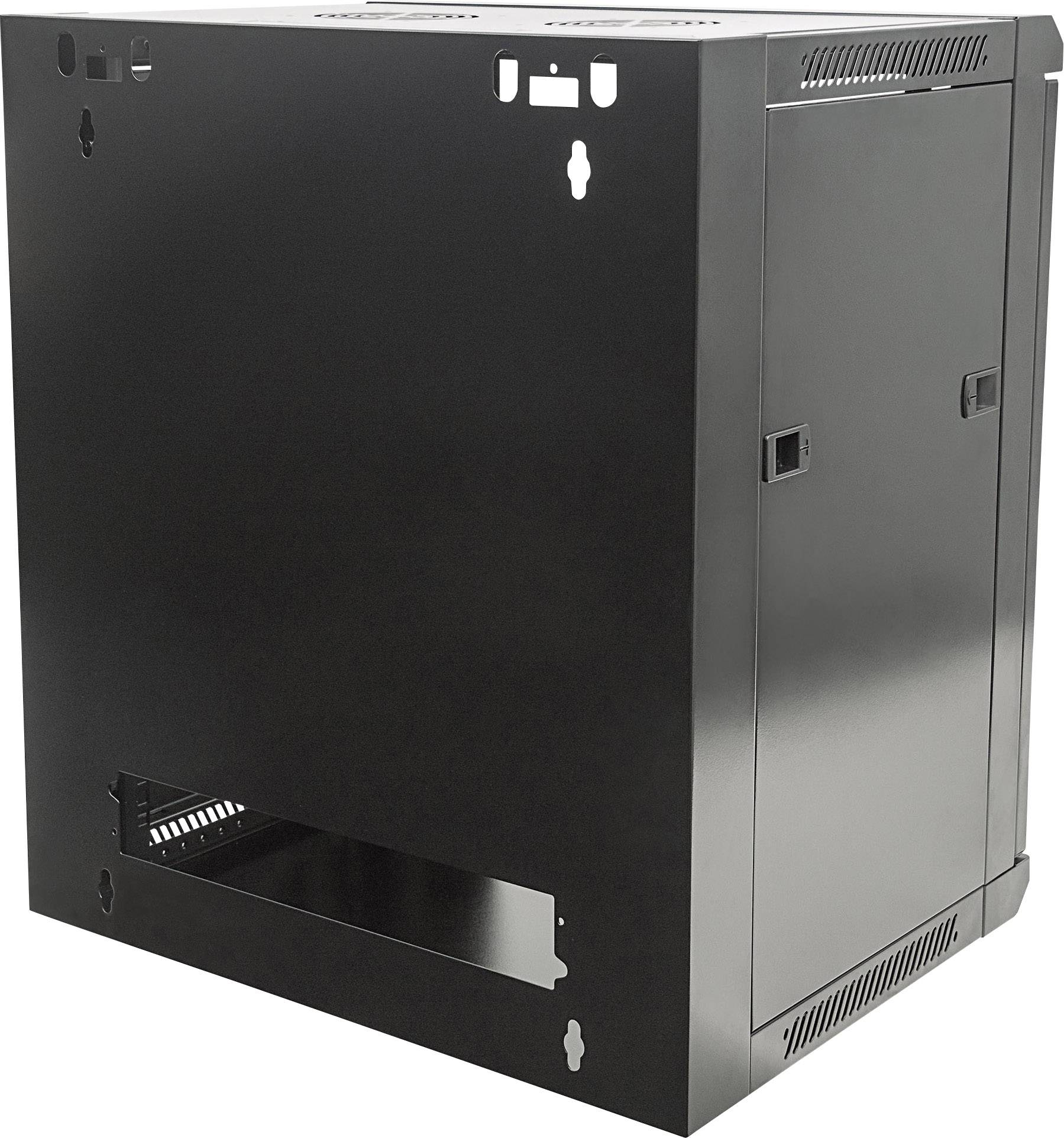 Metal wall cabinet with ventilation openings, rectangular cutout, and side-mounting options for cable management.