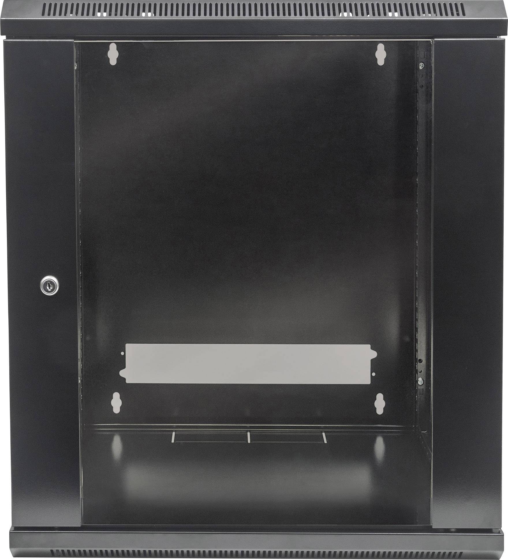 Black wall-mounted IT cabinet with glass door, suitable for storing and securing server and network equipment.