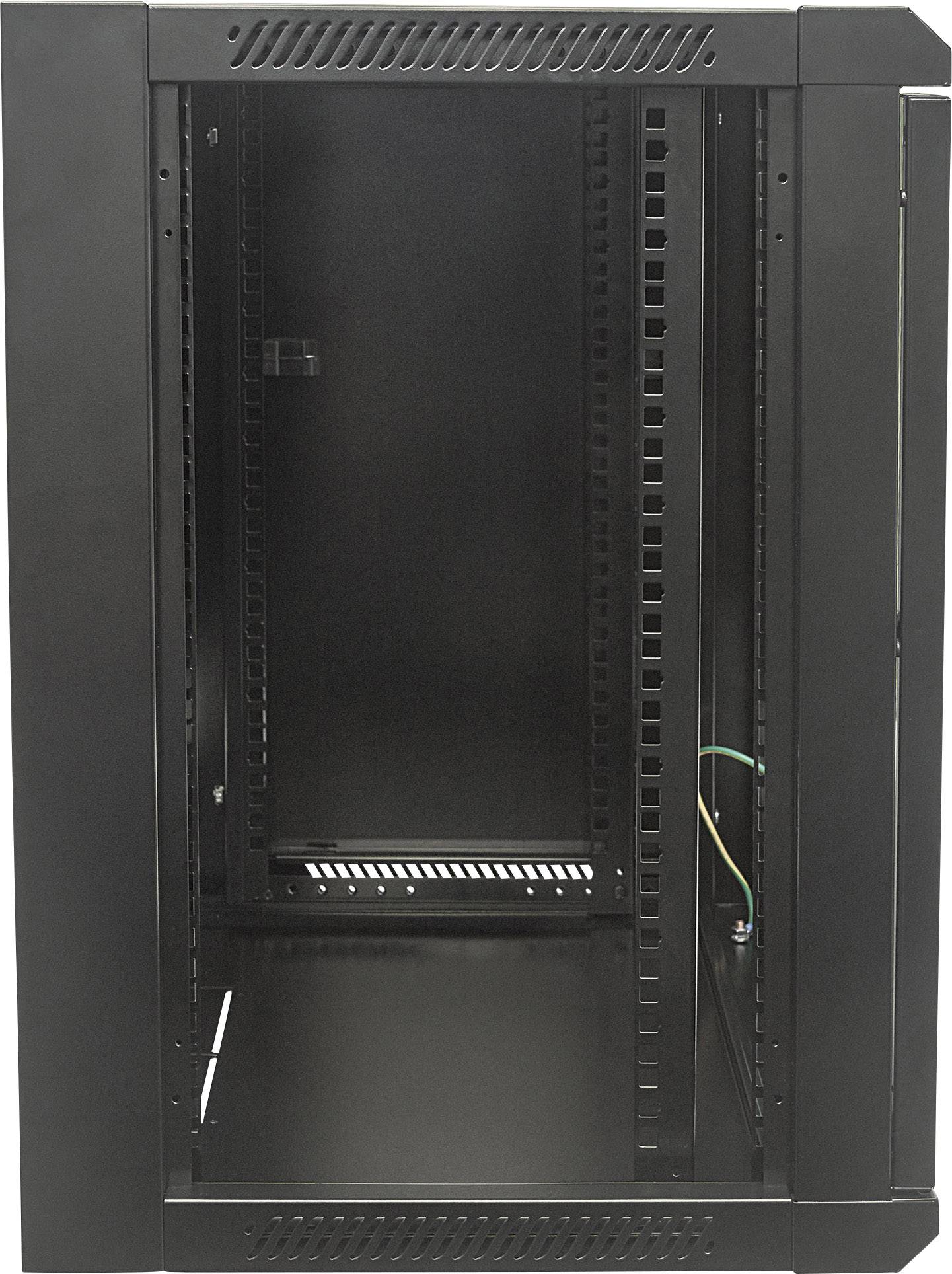 Black server rack enclosure with open doors, showing space for servers and cable management.