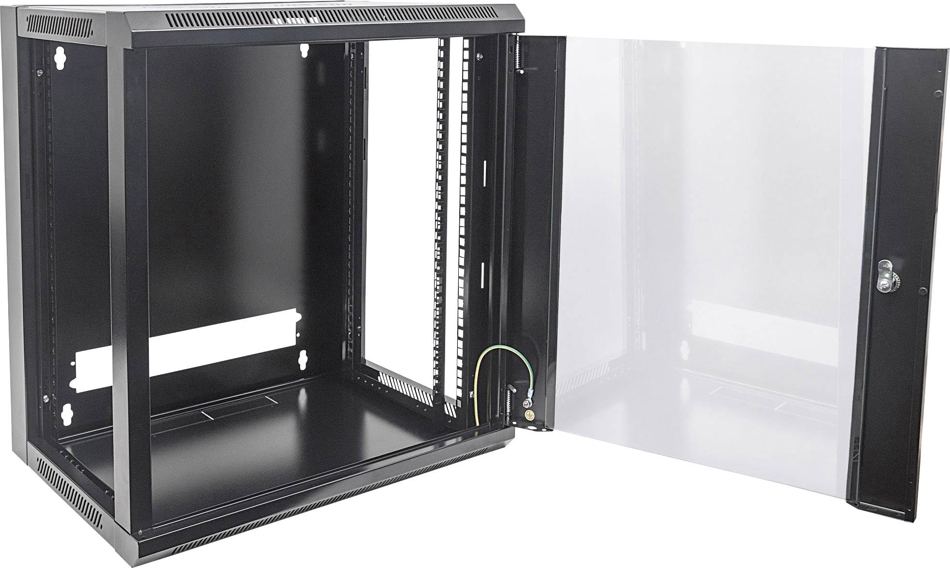 Black wall-mounted network equipment enclosure, with door open, showing interior space for component installation.