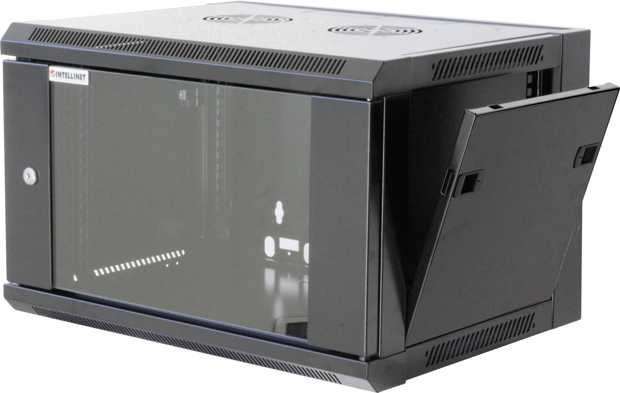 Black wall-mounted enclosure with glass door and ventilation slots for housing network equipment, with hinged side panel open on the right.