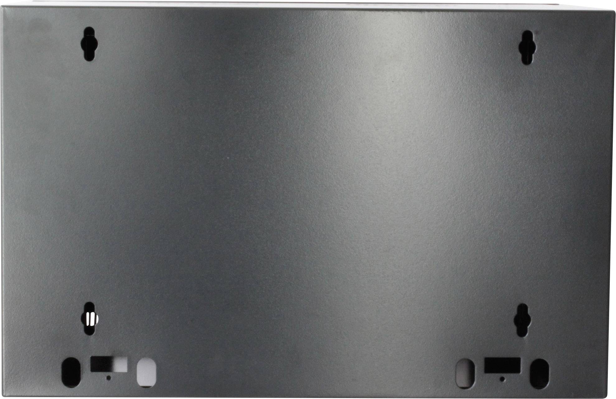 Back of a black metal plate with four mounting holes and two smaller openings.