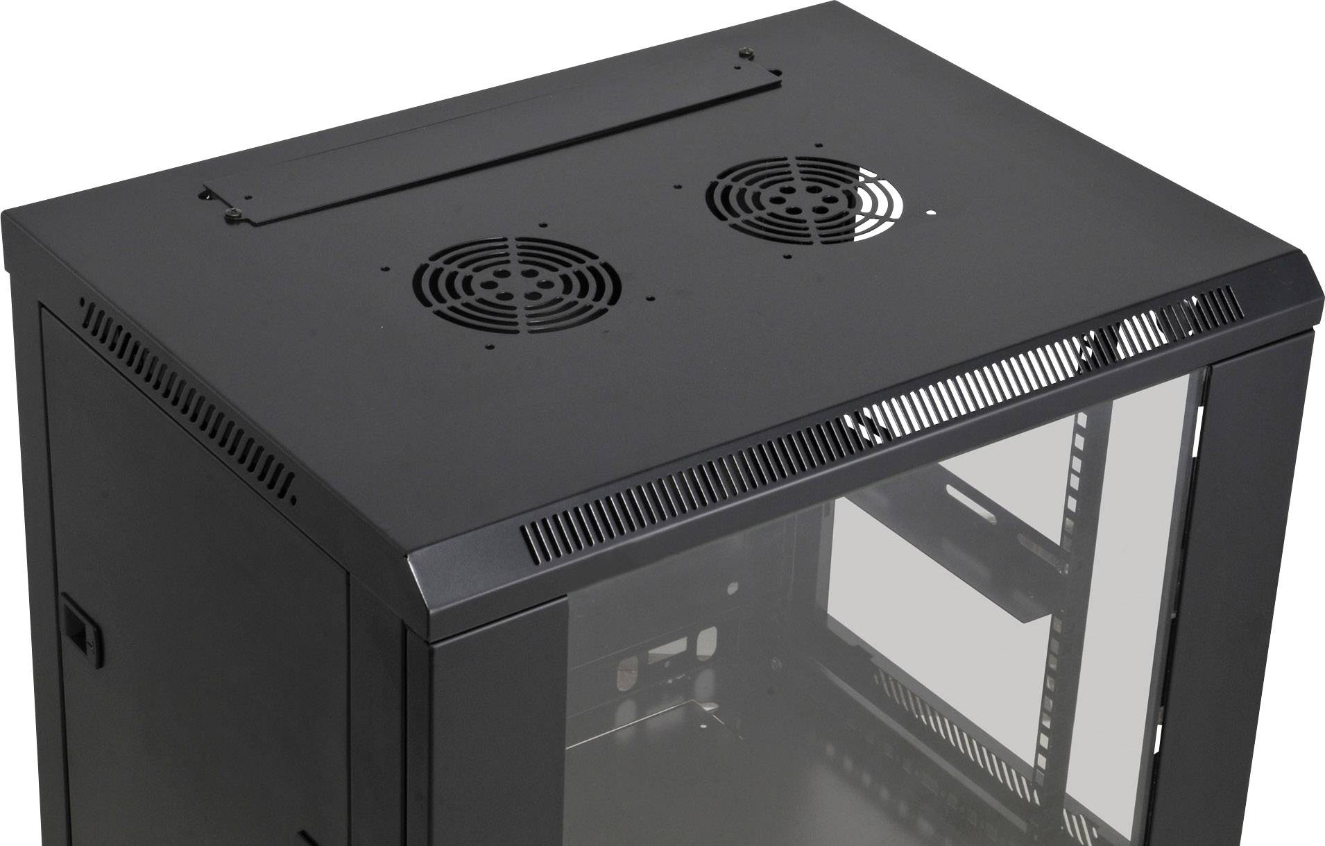Black server enclosure with two integrated fans on top and a transparent glass door, suitable for housing network equipment.