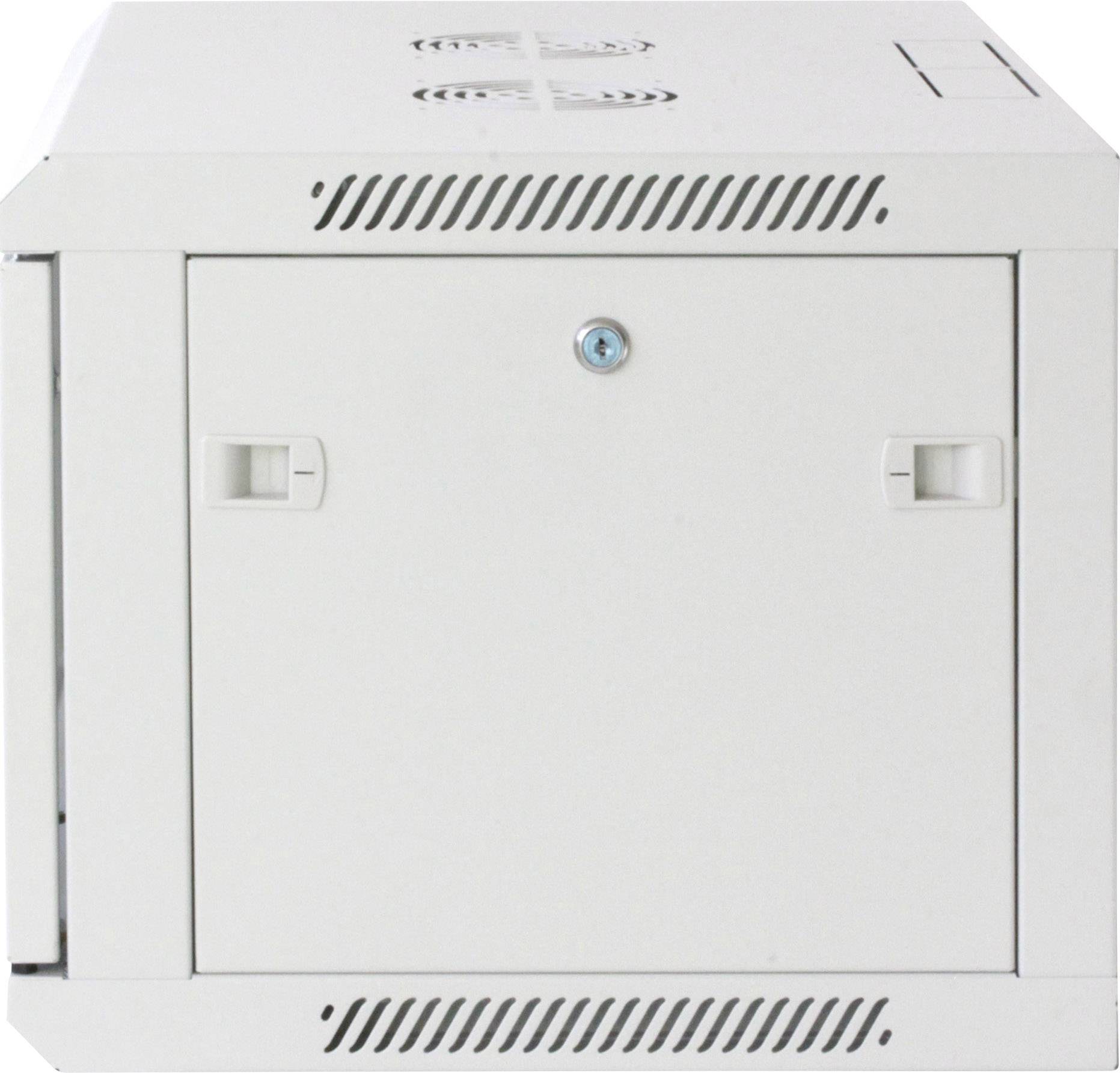 White wall-mounted enclosure box with ventilation slots and keyhole, suitable for storing network equipment.