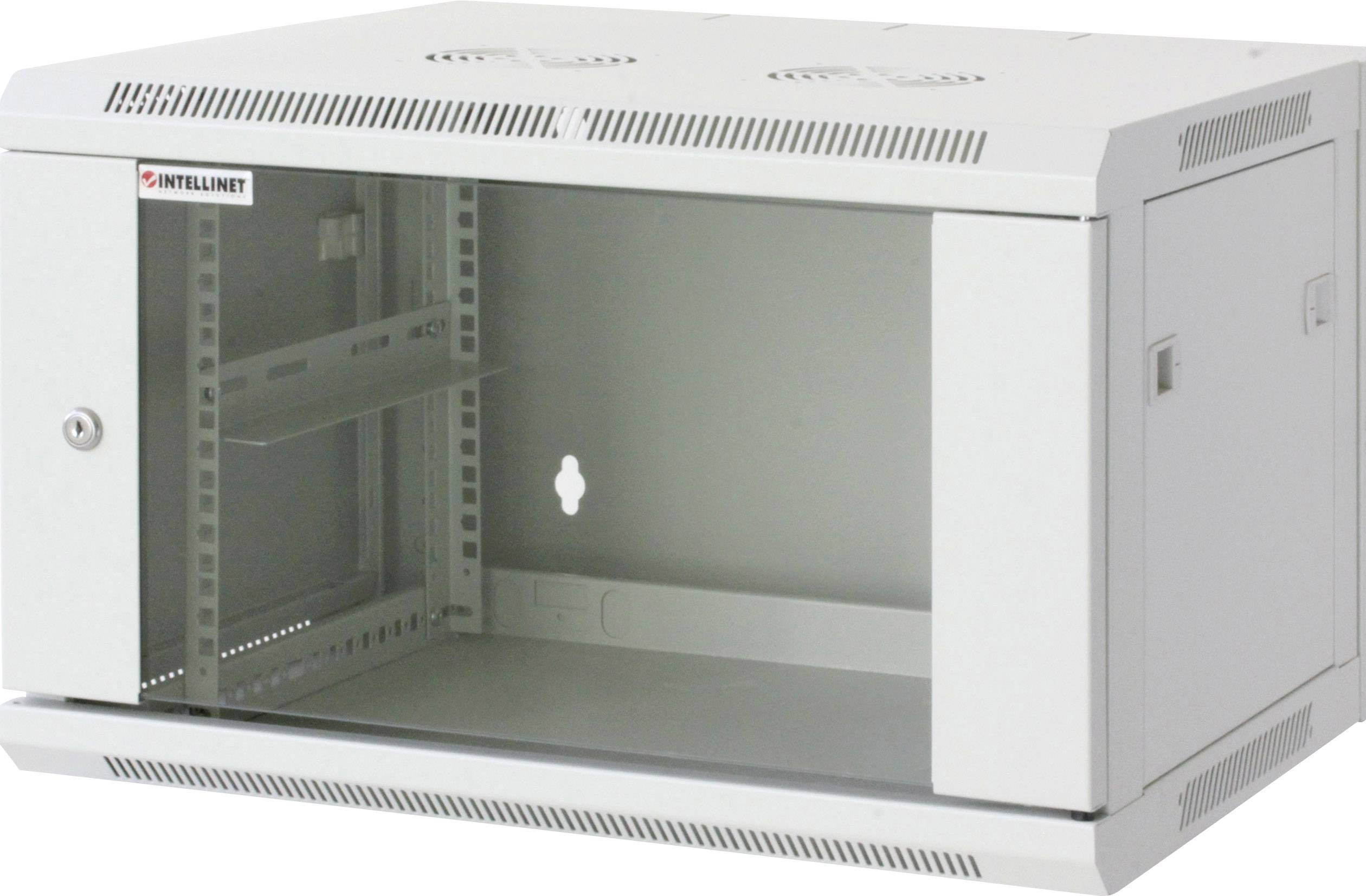 A grey, wall-mounted network cabinet with an open front panel, suitable for housing network devices such as switches or routers.