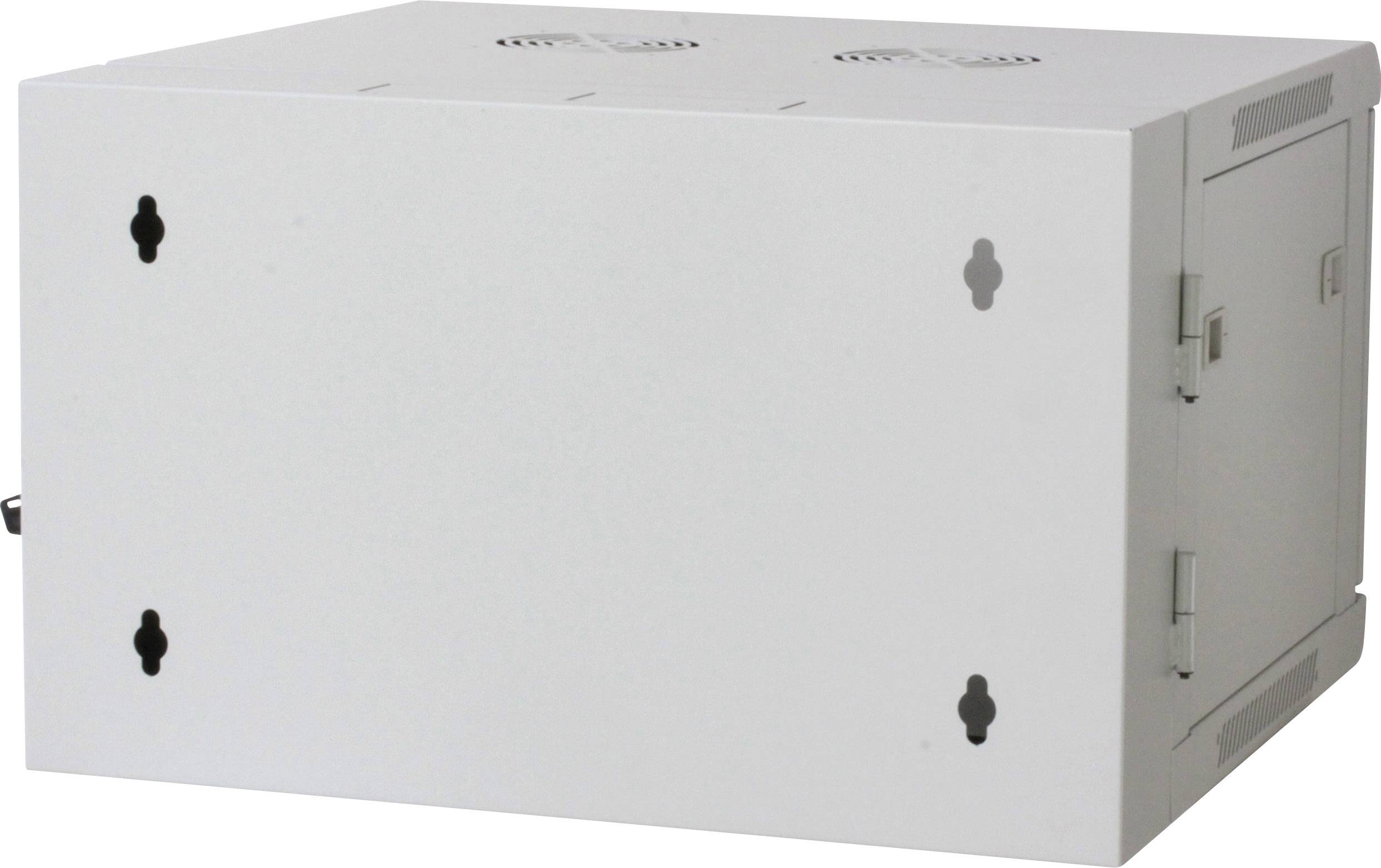 A white metal enclosure with a removable side panel and ventilation slots at the top. It has multiple mounting points for wall installation.