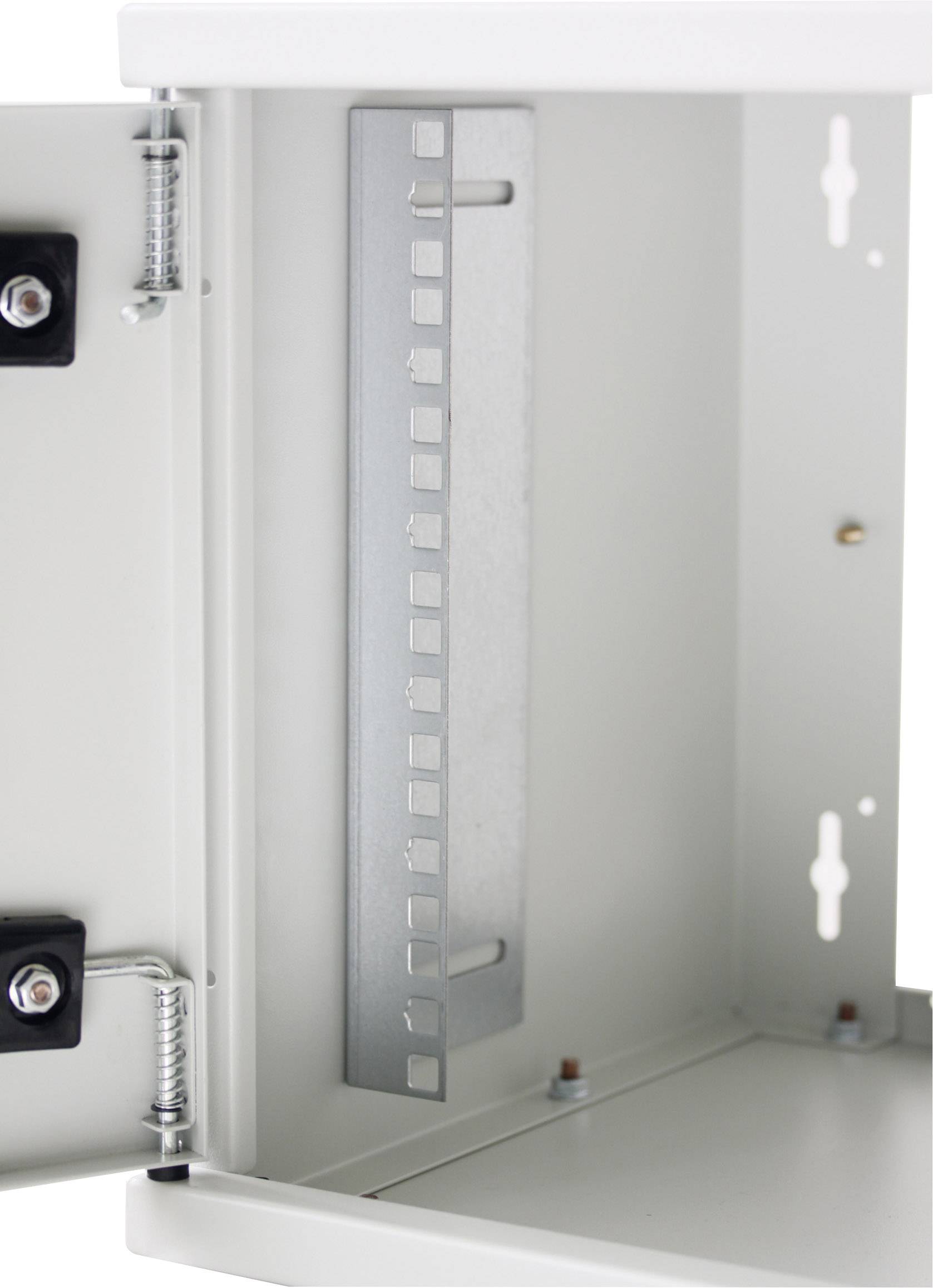 Metal enclosure with an open door reveals an internal mounting element and hinges. Suitable for electrical or technical installations.