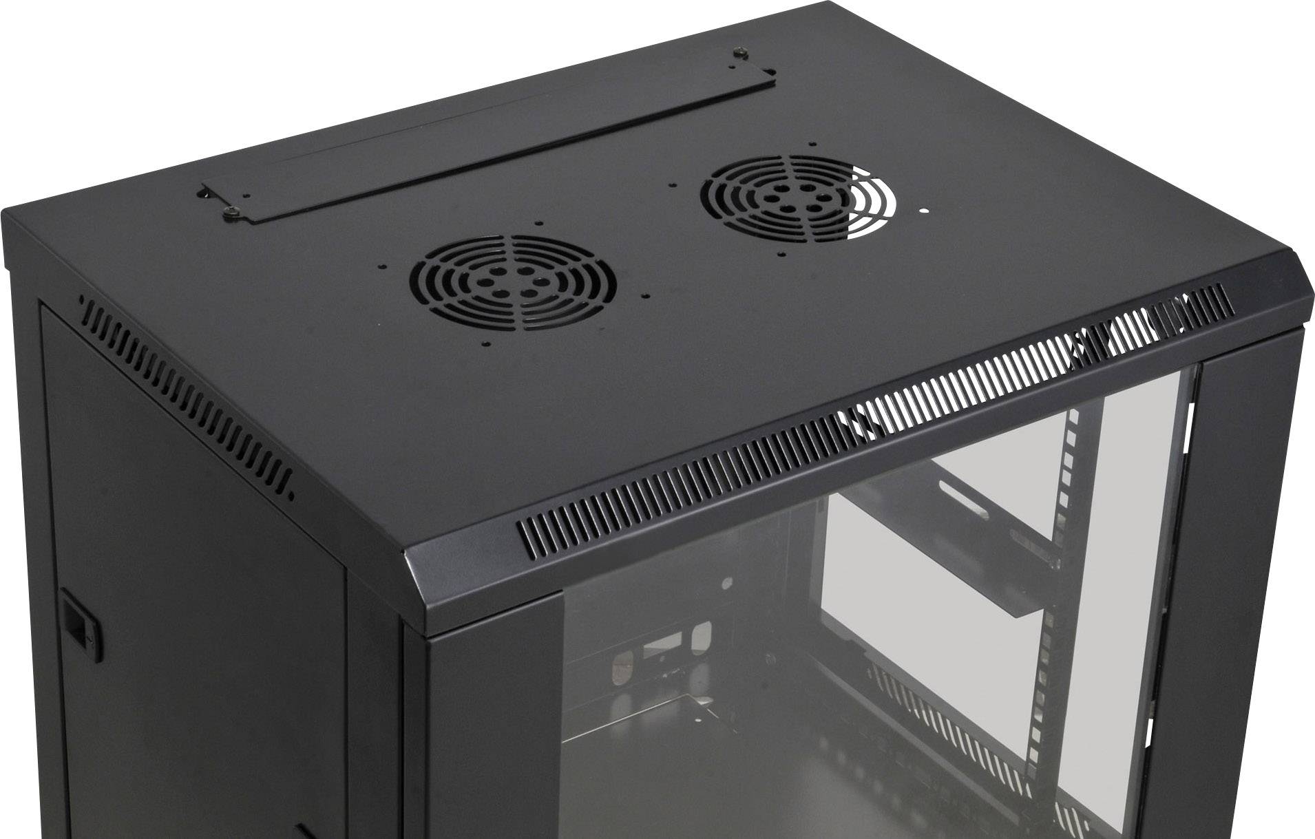 Black computer case with two fans on top and a transparent side panel. Suitable for server or network hardware.