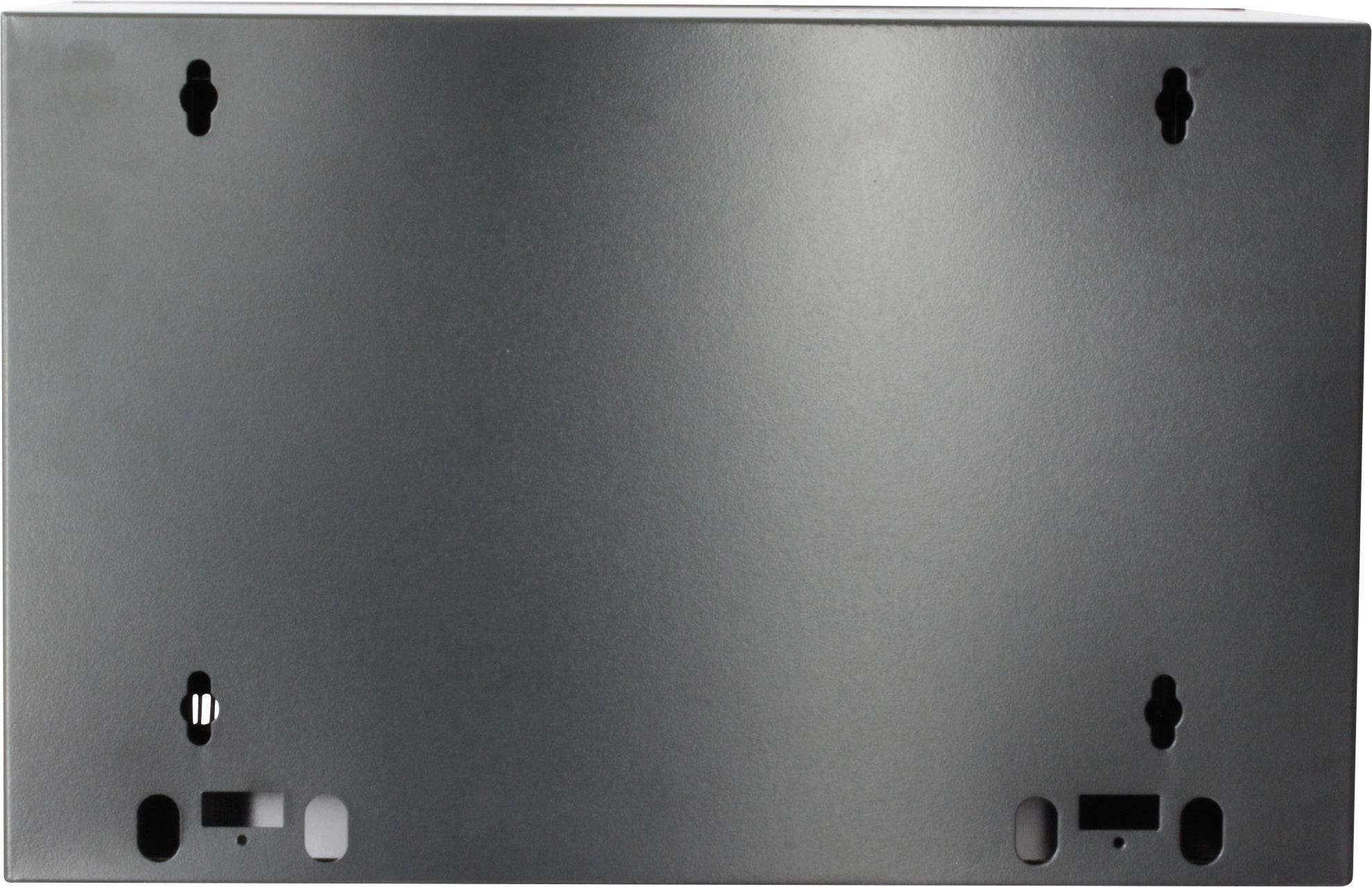 Black powder-coated metal enclosure with multiple round and oval openings, suitable for wall-mounting electronic devices.