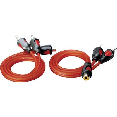 Red cinch cable with two plugs and one socket for audio connections.