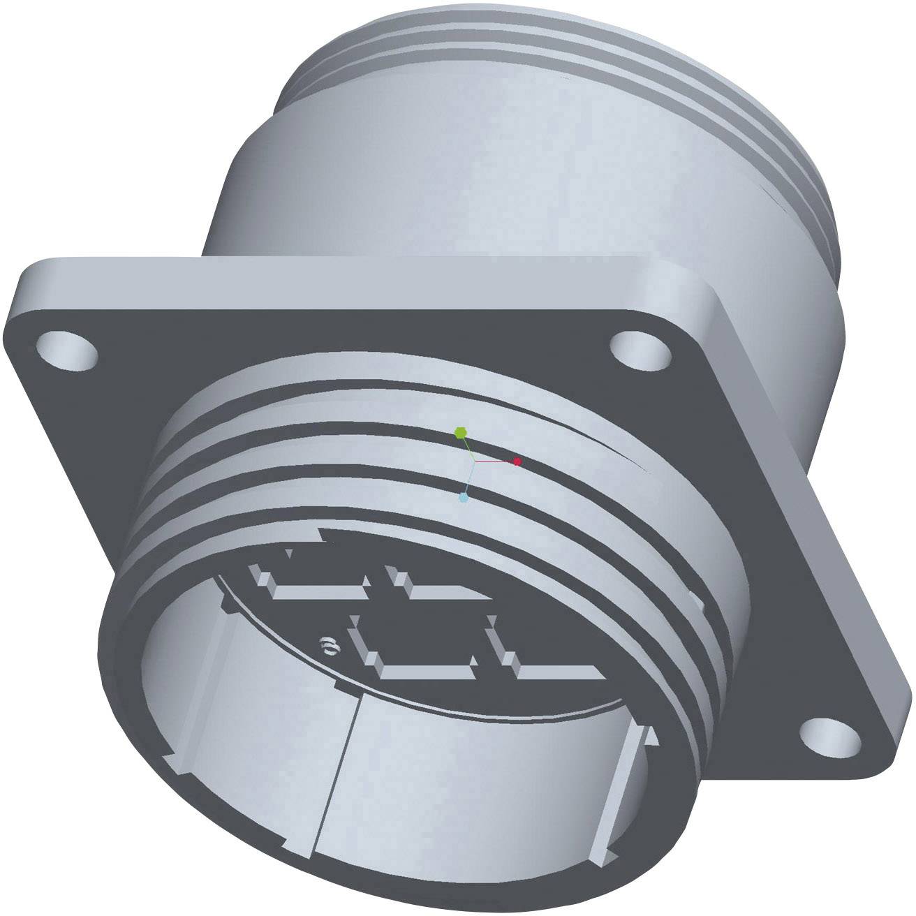 Close-up of an electrical connector with multiple round pins, mounted on a rectangular bracket.