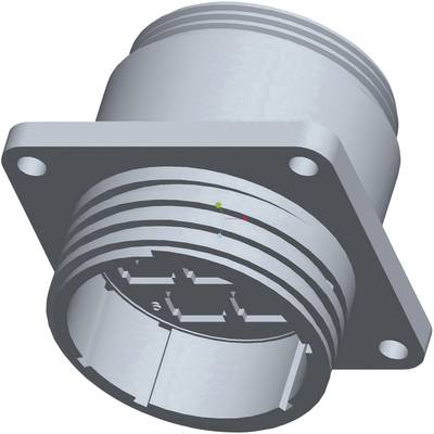 Close-up of an electrical connector with multiple round pins, mounted on a rectangular bracket.