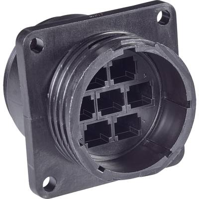 A black, round electrical connector with multiple pins, mounted on a rectangular plate, reveals its internal structure.