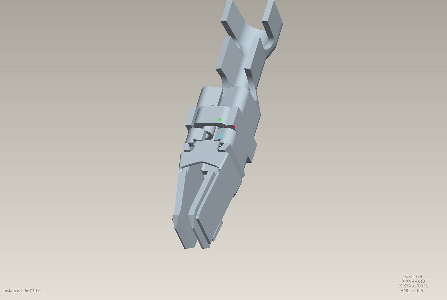 3D model of a mechanical component, possibly a gripping tool, with technical labelling and axis coordinates.