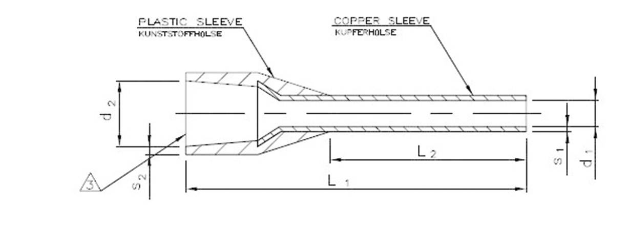 Technical drawing of a cable with plastic and copper sheath, showing dimensions L1, L2, d1, d2, S1, S2, with labels.