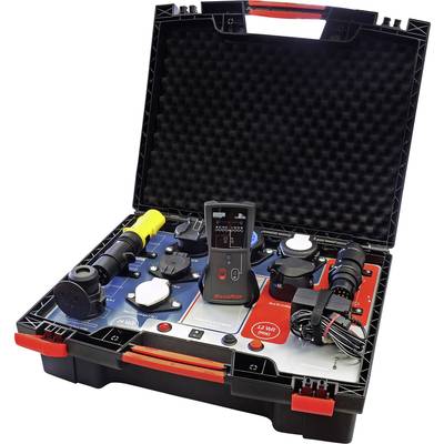 Electronic testing device case with various connections, cables, and a digital measuring instrument in an open black case.