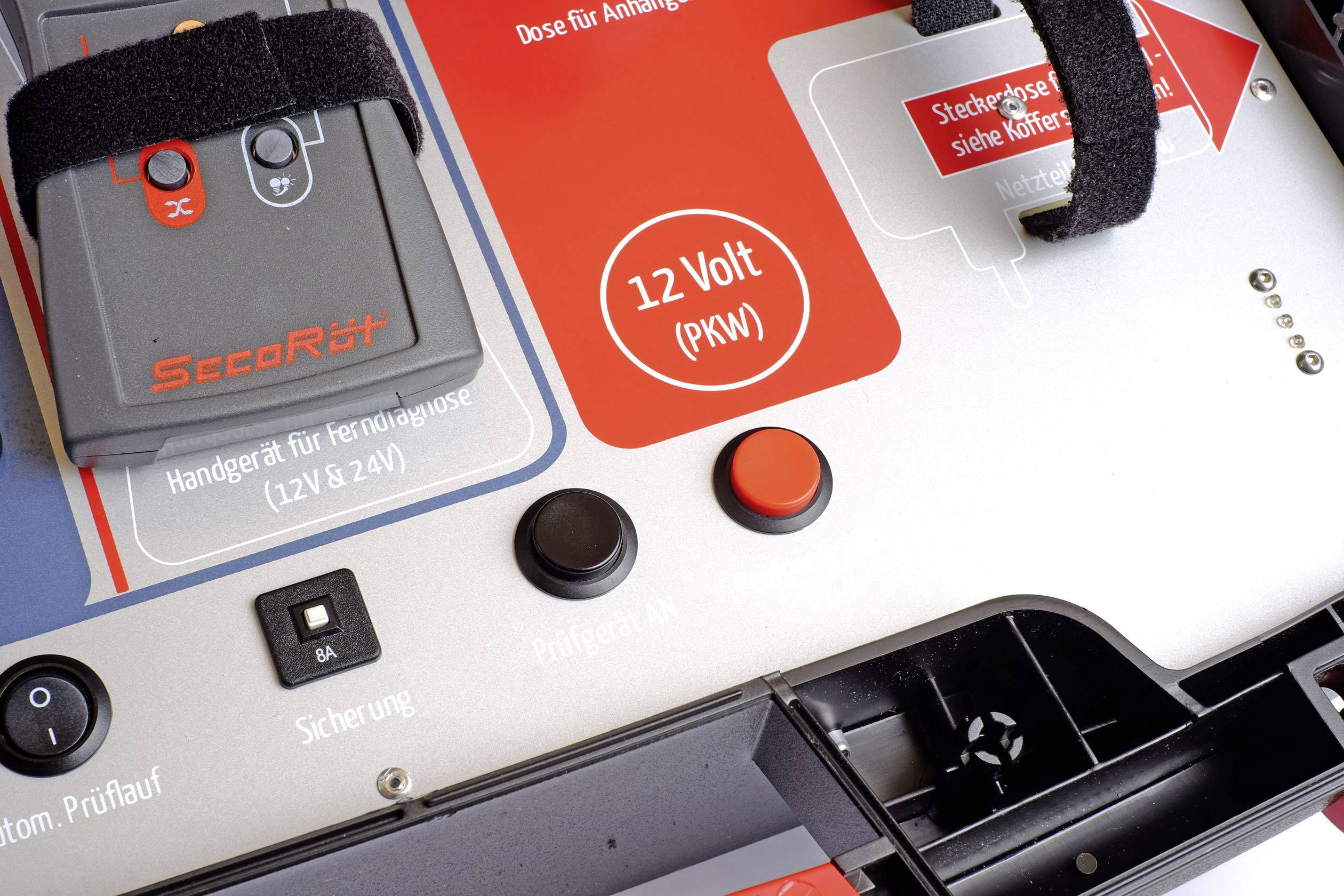 Device for battery testing with control panel, buttons and display for '12 Volt (Car)'. Includes fuse and testing options.