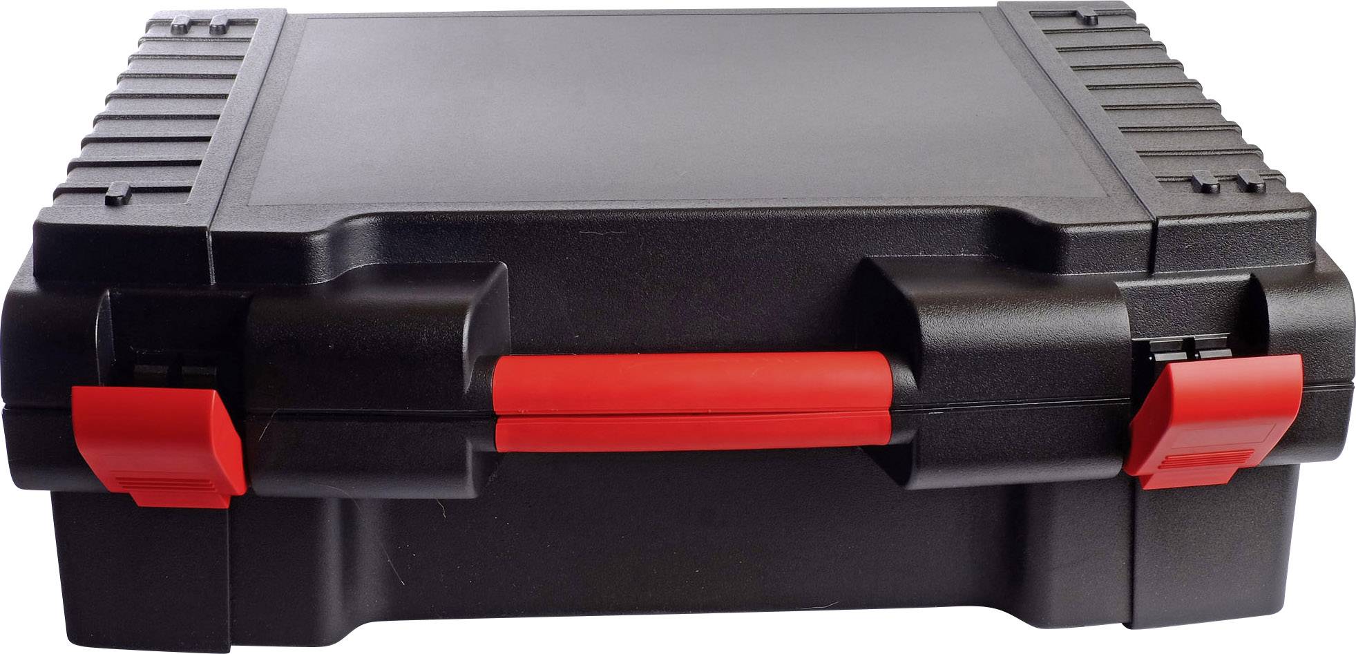 Black tool case with red handle and latches, closed. Suitable for the secure transportation of tools and accessories.