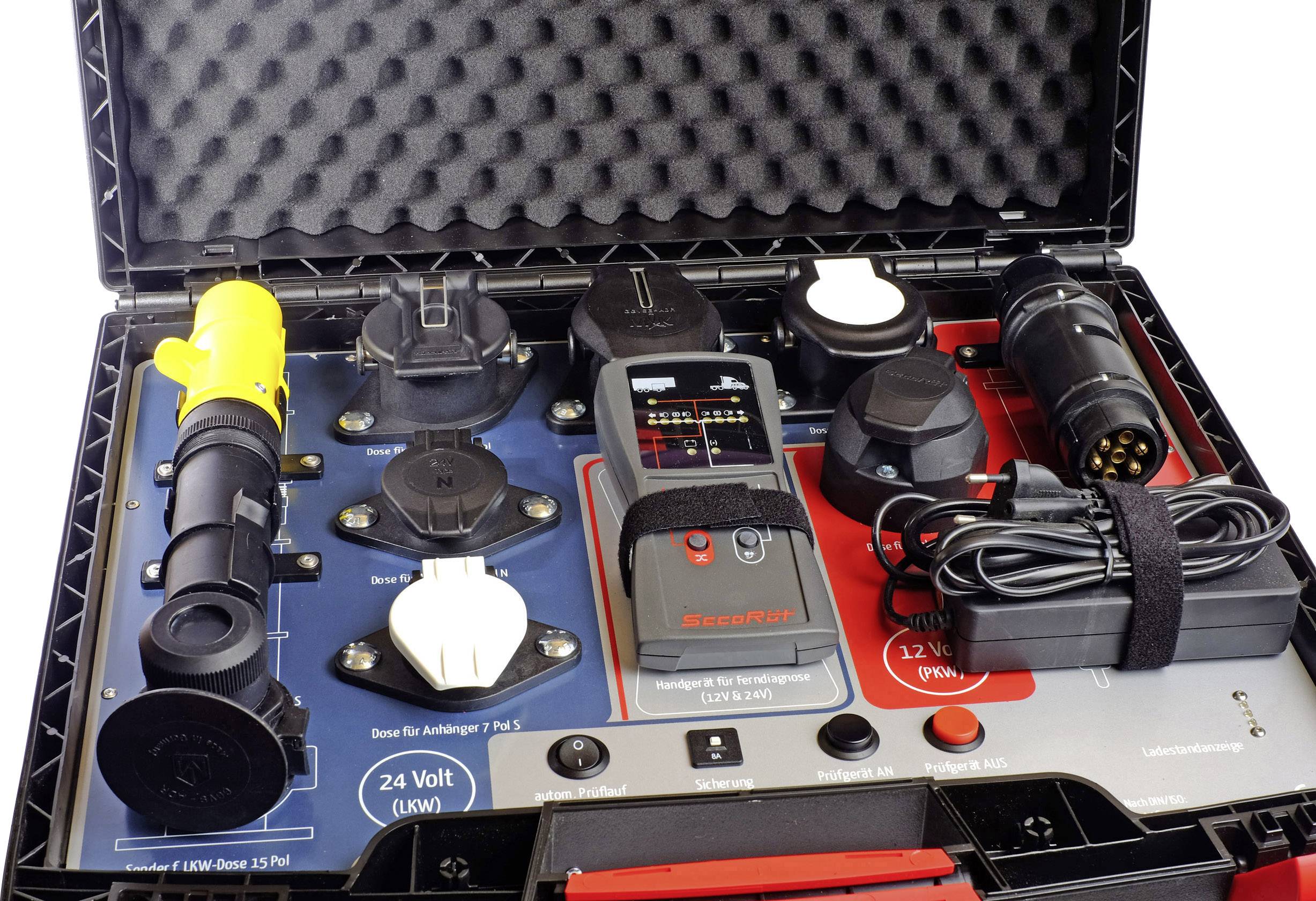 An open suitcase displays various electrical adapters and test devices nestled in foam padding. Perfect for electrical installations.