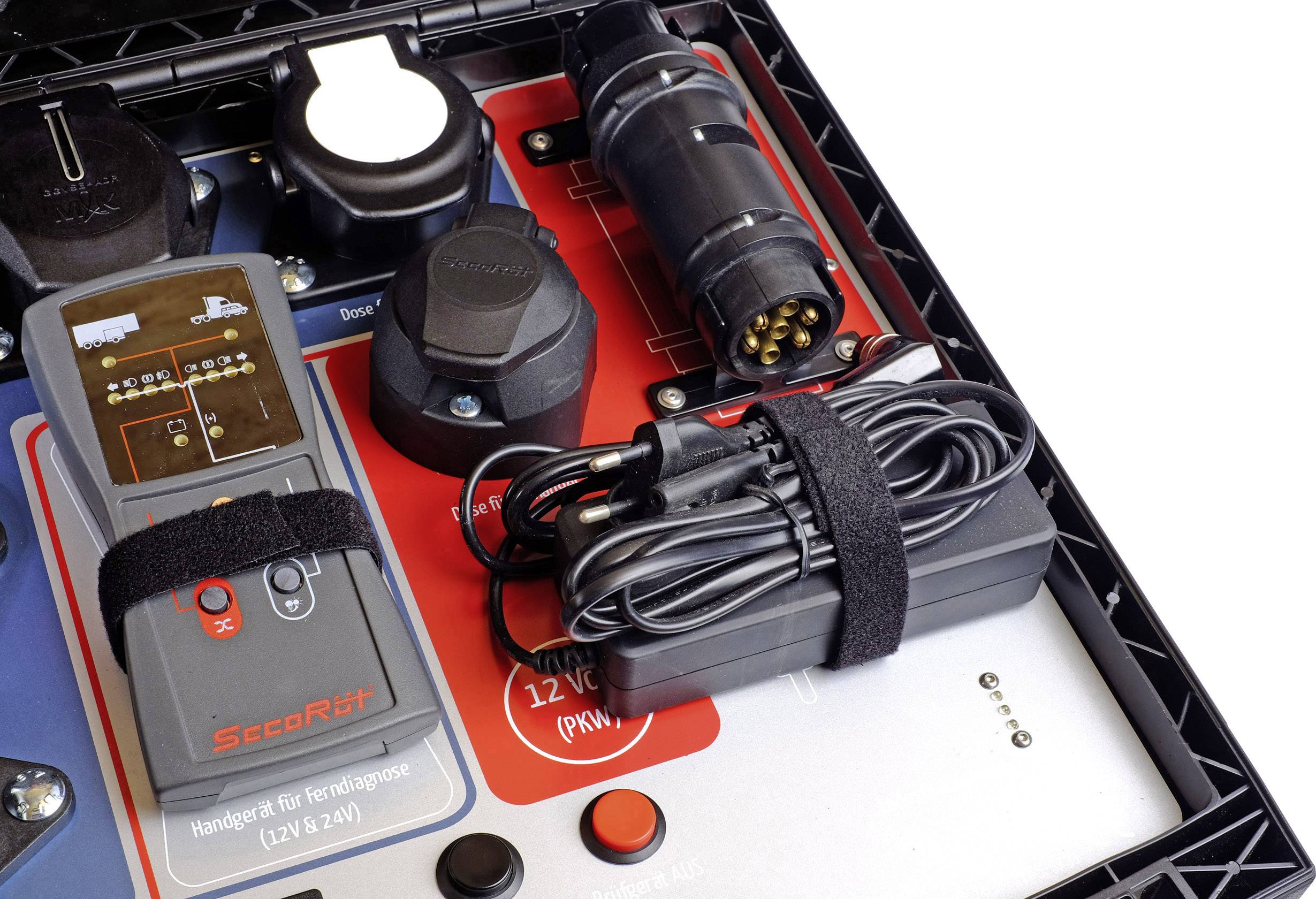 A device for power supply, with multiple socket outlets and a control unit, mounted on a red and white panel.