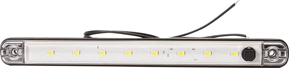 LED light bar with eight luminous diodes and two connecting cables. Rectangular shape, compact design.