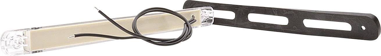 A rectangular, transparent LED light with two black cables beside it and a black mounting bracket.