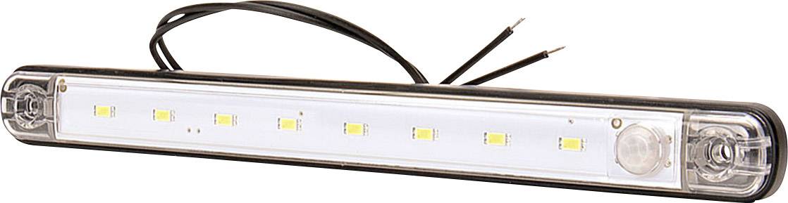 LED light bar with seven yellow diodes, black housing, two cables, and side mounting elements.