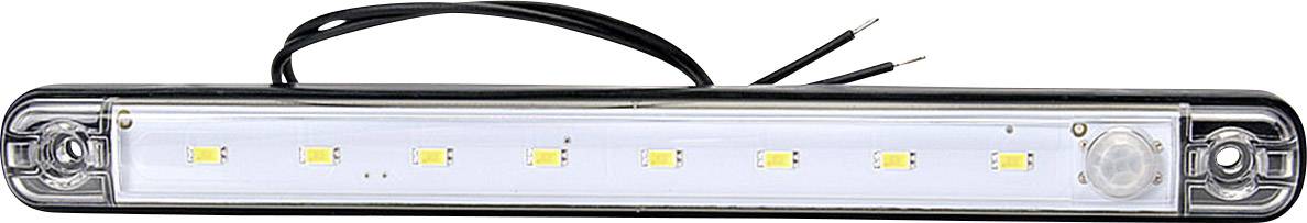A rectangular LED light with seven yellow LEDs in a transparent cover and two black cables for electrical connection.