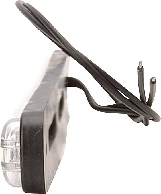 Black rectangular object with a transparent end and two protruding cables. Object could be a light fixture or a component.