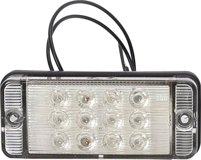 A rectangular LED light with a clear lens and black wires for wiring, suitable for vehicle lighting.