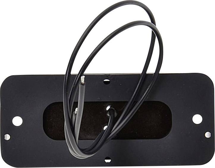 A rectangular black metal holder with two protruding black cables, possibly for electrical installation.