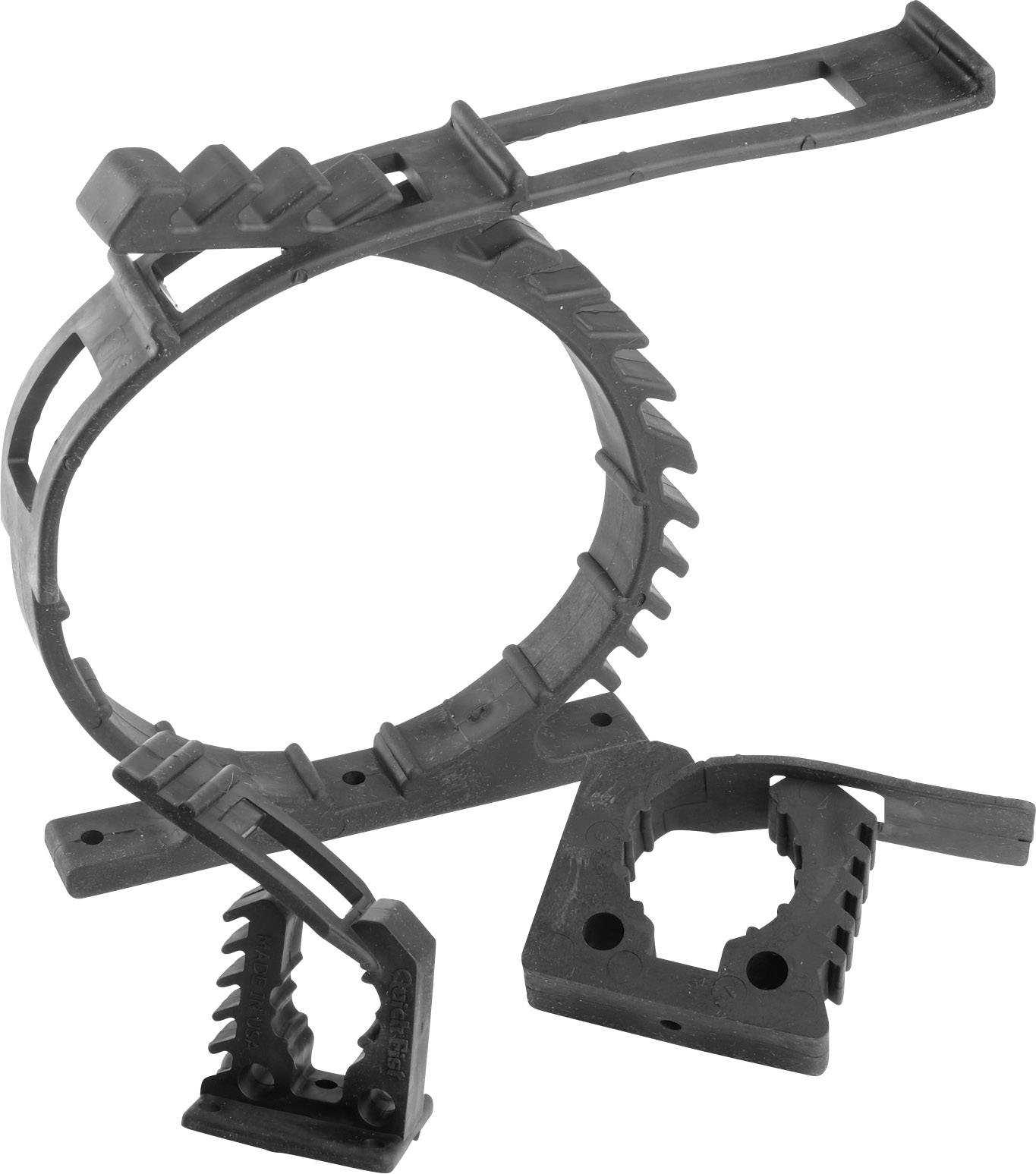 A black plastic cable tie with serrated edges and a locking mechanism, suitable for bundling and securing cables.